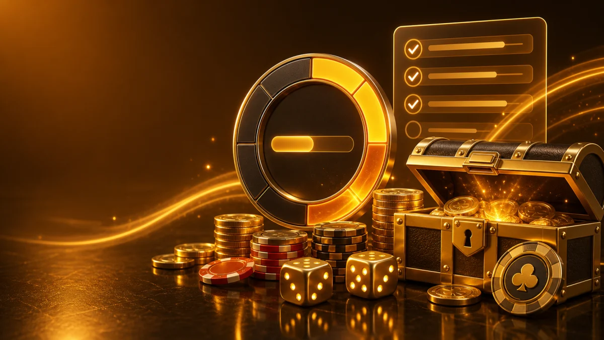 Anel de progresso, cofre, moedas e fichas simbolizando rollover de bônus